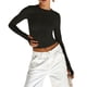 thumbnail image 4 of Camiseta de manga larga con cuello redondo para mujer, Top corto ajustado de color liso con agujeros para el pulgar para uso diario en la calle, 4 of 4