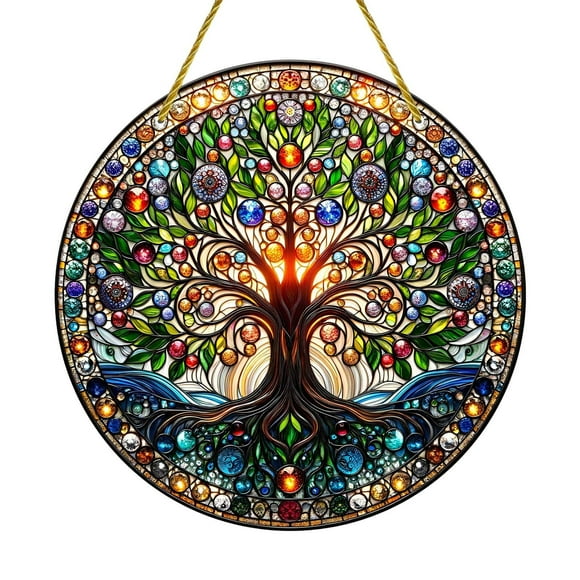 fsxdhpcsgfc Tree Of Life Suncatcher Indoor/Outdoor Stained Glass Window Hanging Handmade Stained Glass Suncatchers For Windows Hanging Decoration For Home Garden Christmas Party Wedding Ho Craft Beads