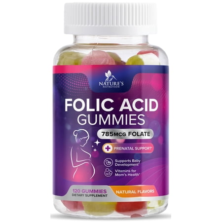 Folic Acid Gummies - Essential Prenatal Vitamins for Women - Daily Folate Vitamin B9 for Mom & Baby Development Support - Before During & After Pregnancy, Natural Orange & Cherry Flavor - 120 Gummies