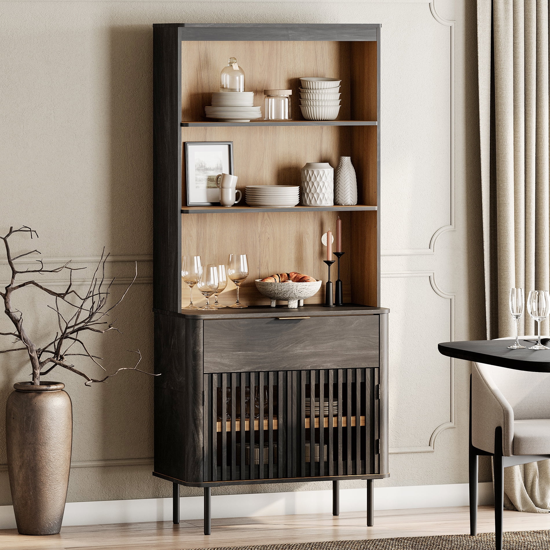 Kitchen Pantry Storage Cabinet with Doors & Drawer, 72.8" Tall Modern Fluted Kitchen Cabinet, Adjustable Shelf, Cable Management, 5 Tier Freestanding Cupboard for Dinning Room, Black, 3 PCS