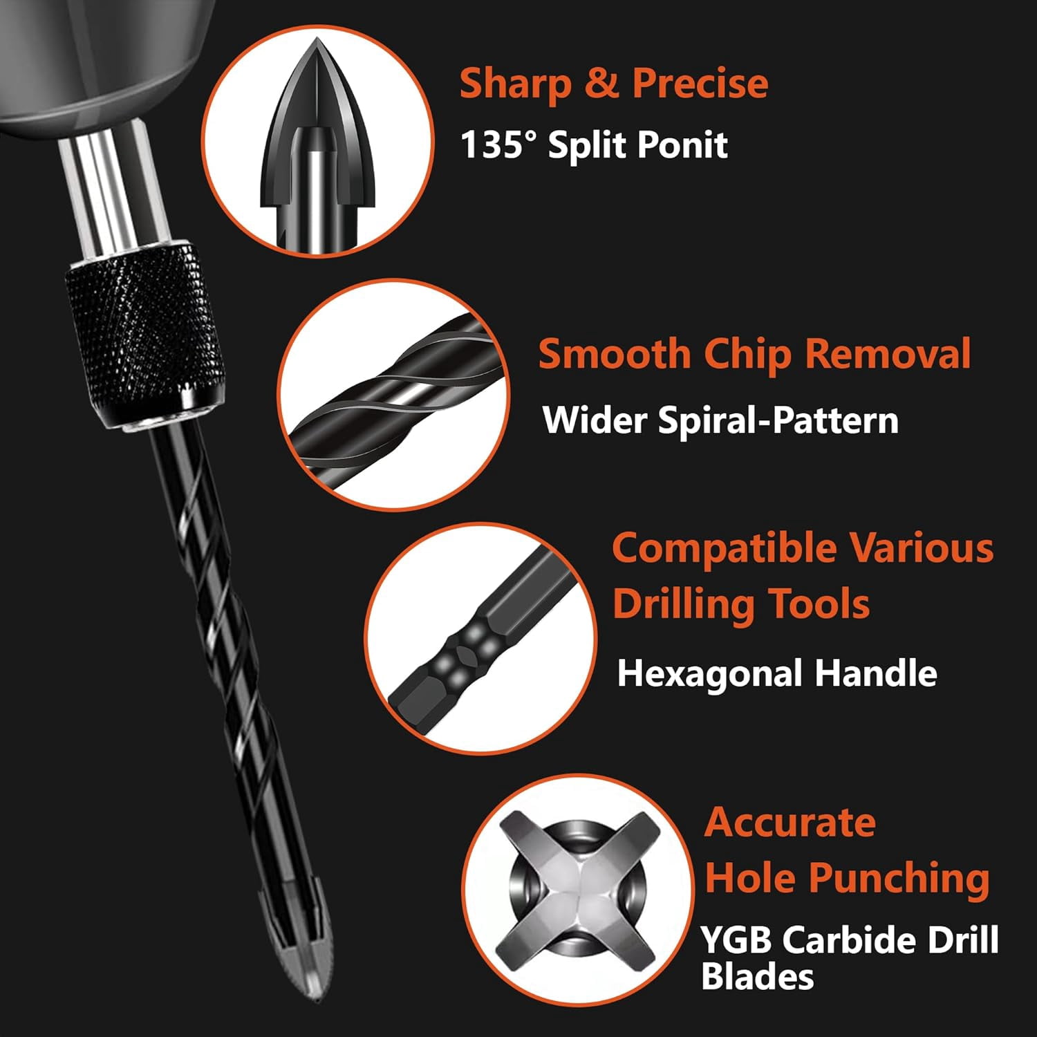 Tile Concrete Drill Bit Set: Masonry Drill Bit Set, Drill Bit Set, 2024 New 4-Edge Cross Drill Bit Set, for Tile Brick Plastic Wood Glass, Universal Hexagonal Shank Cross, Concrete Drill Bit (2Set)