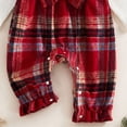 thumbnail image 6 of Pandaie Infant Baby Girls Plaid Suspender Romper Set Ruffle Long Sleeve Ribbed Bodysuit Bow Headband Holiday Photo Shoot Daily Casual Outfits Wine,3-6 Months, 6 of 7