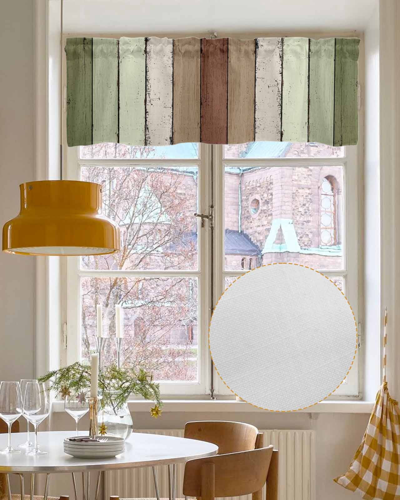 Sage Green Kitchen Valances for Windows Farmhouse Linen Window Valance Curtain for Living Room Window Treatment Farmhouse Wood Grain Vintage Brown Striped Valance Rod Pocket Topper, 42 x 18 Inch