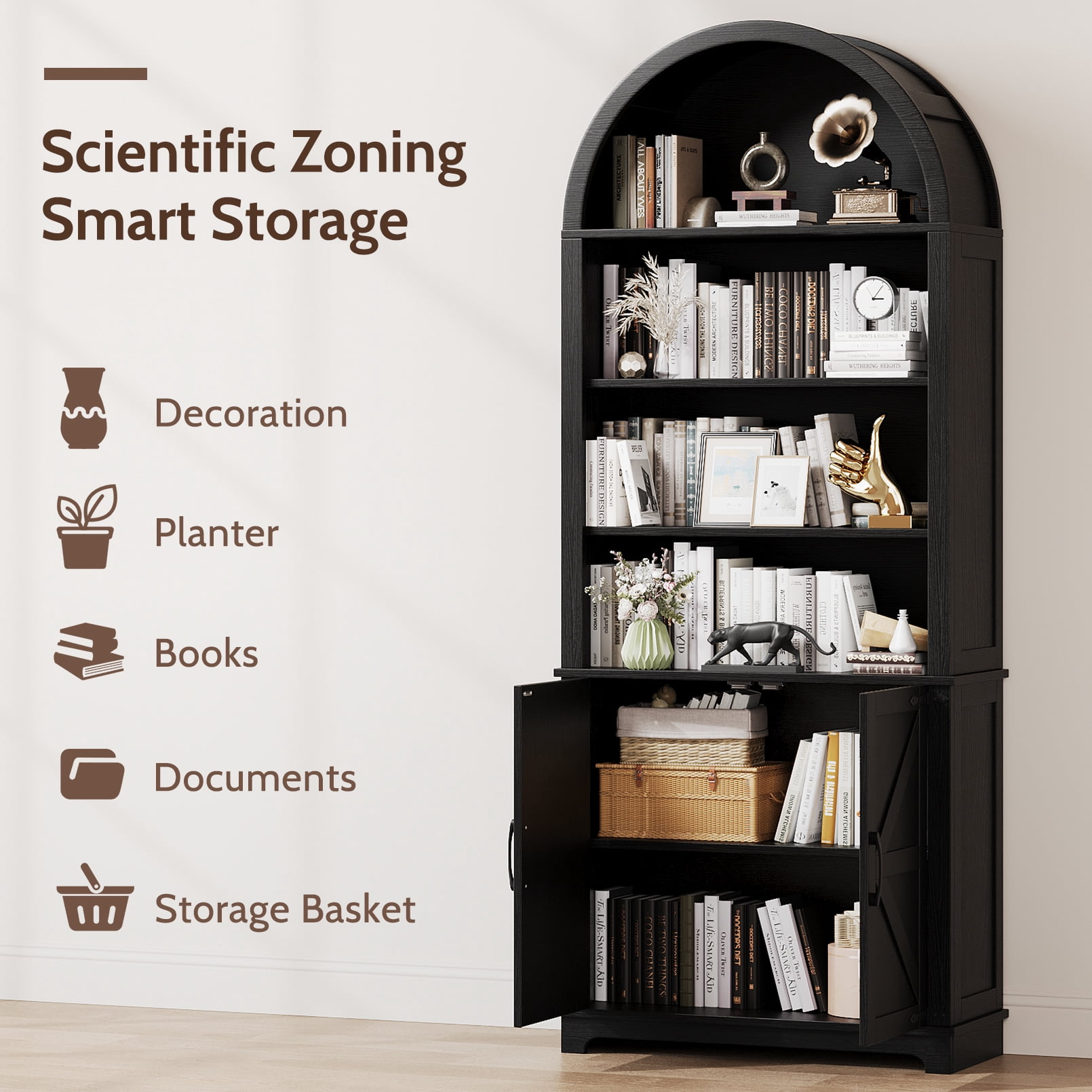 Vividwood Farmhouse 6-Tier Arched Bookshelf Bookcase with Doors Tall Storage Cabinet, Black