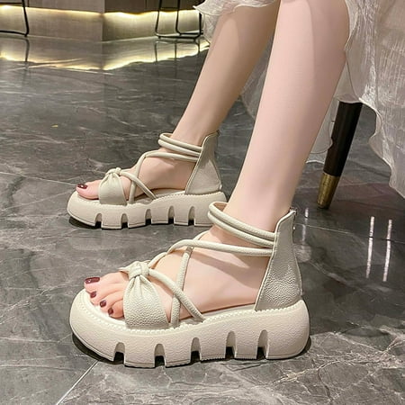 

HAOTAGS Women s Flat Flatform Sandals Roman Fish Mouth Platform On Clearance Comfortable Casual Beach Shoes Beige Size 6