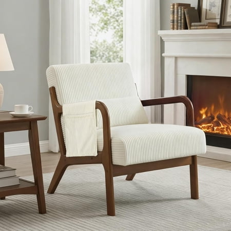 Mid-Century Modern Accent Chair Aesthetic Armchair with Chic Wooden Frame & Premium Lumbar Pillow Exceptionally Comfy Corduroy UpholsteredReading Lounger for Living Room Bedroom Beige