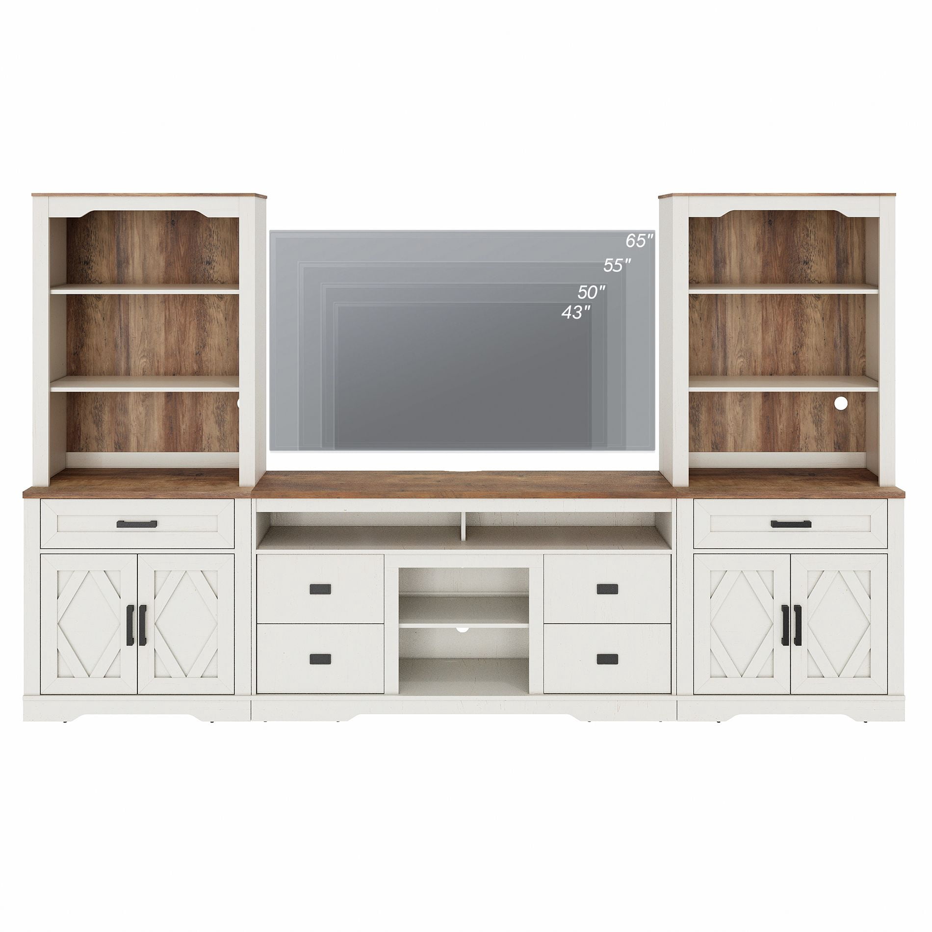 WAMPAT Farmhouse Entertainment Center with Bookshelf for TVs up to 65",Mid Century Modern TV Stand with 73"H Tall 5-Tier Bookcase with Open Storage and Barn Doors for Living Room,Bedroom,White