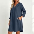 thumbnail image 3 of Bosfbaoi Linen Dresses for Women V Notch Neck 3/4 Roll Sleeve Loose A‑Line Short Dress with Side Pockets, 3 of 7