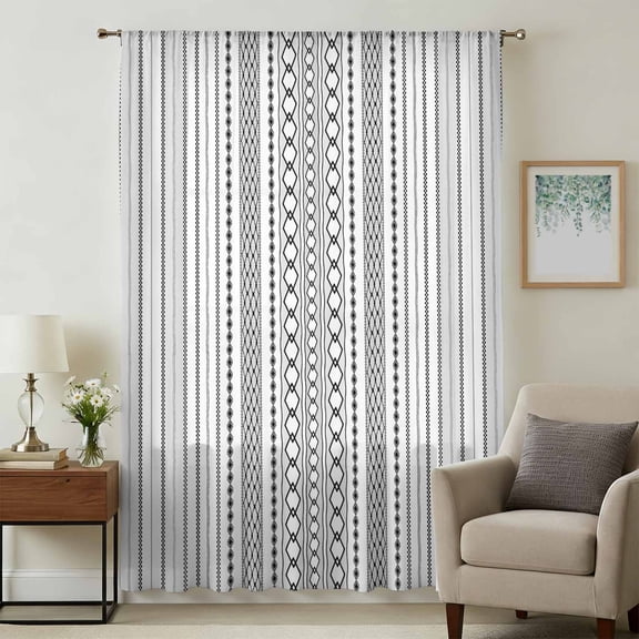 Black White Striped Sheer Curtains 72 Inches Long, Modern Farmhouse Geometric Light Filering Curtains, Breathable Simi Curtain Privacy Drapes for Living Room Bedroom Lightweight Window Treatment
