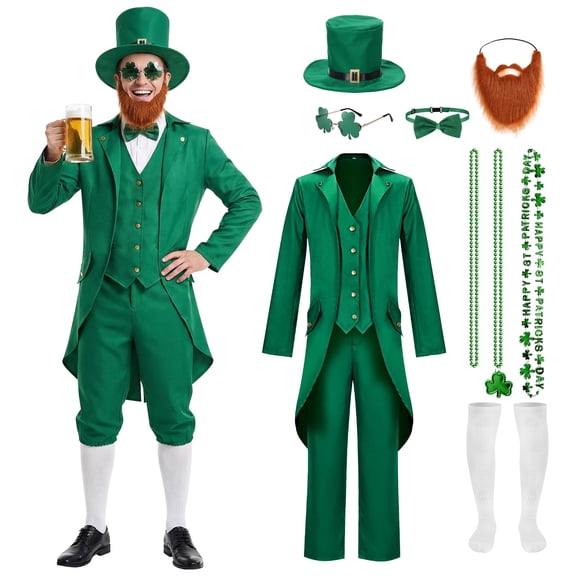 Alaiyaky 10 Pcs St Patrick's Day Costume Set Men's Leprechaun Suit with Green Tailcoat Pants Socks Hat Shamrock Necklaces Glasses Bow Tie Beard for Irish Cosplay