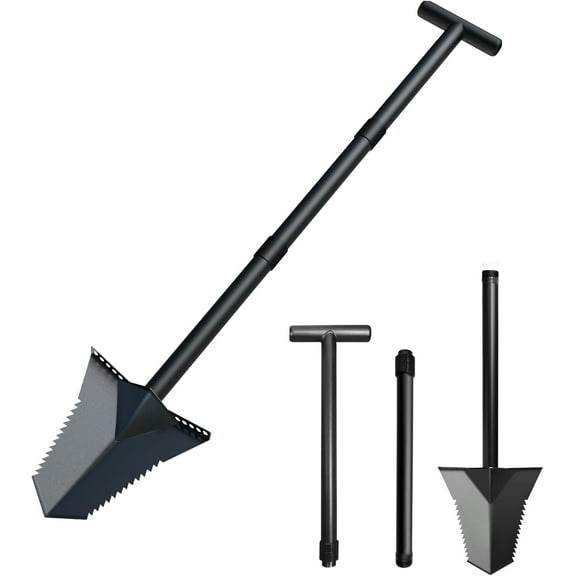 Heavy Duty T-Handle Spade Shovel - 31"/45" Lengths, 4.5 lbs, Black Serrated Blade, for Metal Detecting, Transplanting & Trenching