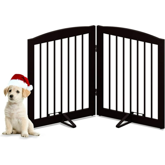 PINDEE Pet Gate for Dogs, Foldable Wooden Dog Gate for House, Indoor Pet Barrier for Stairs, Doorways, Support Feet Included, 24" Height 2 Panels, Brown