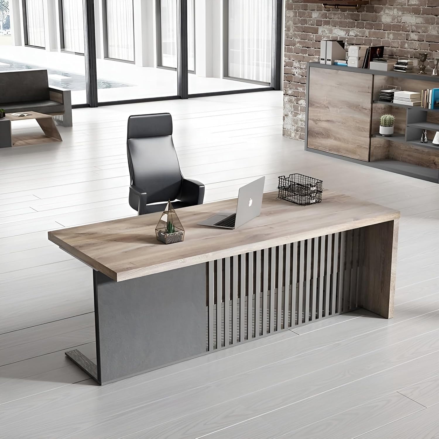 VIRTRON 70.87" Executive Office Desk with Cable Box and File Cabinet