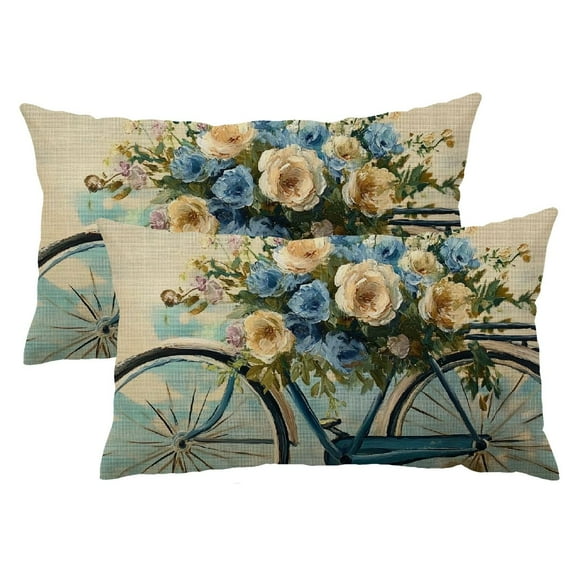 Qinduosi 12x20 Inch Set of 2 Spring Summer Blue Flower Bicycle Lumbar Decorative Throw Pillow Cover, Rectangular Floral Rose Bike Outdoor Home Decor for Sofa Couch Cushion Case