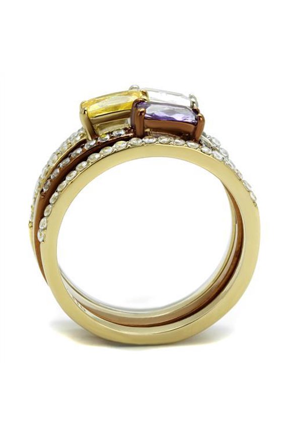 TK2960 - Three Tone IP(IP Gold & IP Light coffee & High Polished) Stainless Steel Ring with AAA Grade CZ in Multi Color