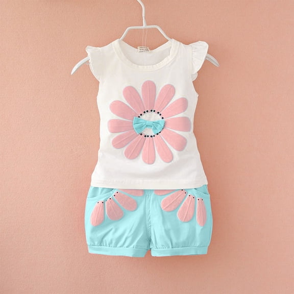 ITSAME Girls Outfit 2-Piece, Ruffle Sleeve Floral Embroidery Crewneck Top and Elastic Waist Shorts Cotton Summer Fashion Casual Sets Light Blue 2T