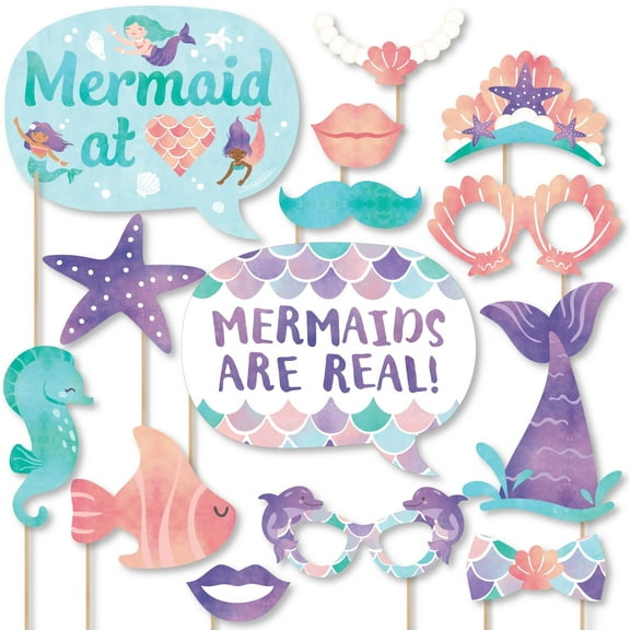 Big Dot of Happiness Mermaid Photo Booth Props Kit, Under the Sea Mermaid Birthday Party Supplies - 20 Count Selfie Prop Sticks