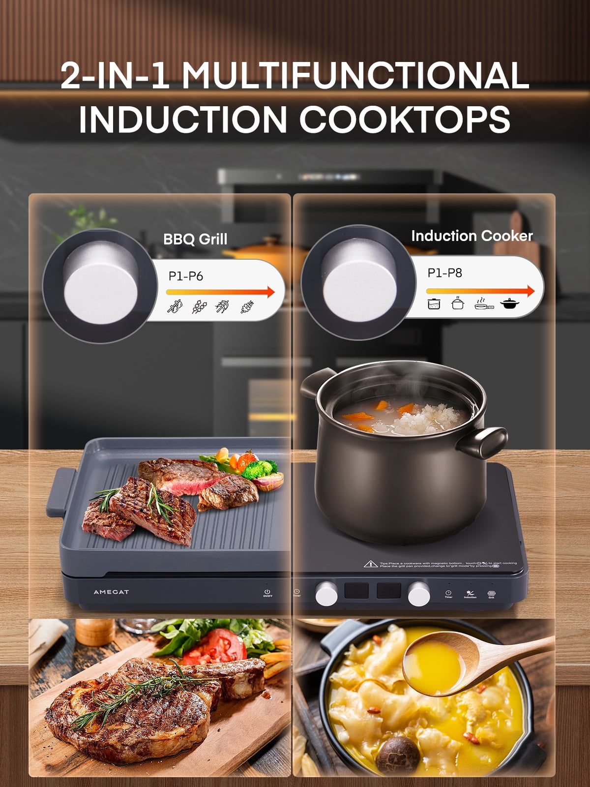 Induction Cooktop 2 Burners, 1800W Countertop Burners with Removable Cast Iron Griddle Pan Non-Stick, 8 Power Levels Control