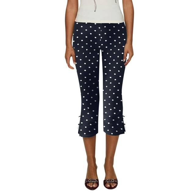 Pantalones cortos de mujer con estampado de lunares y cintura elástica - Detalle de lazo, abertura acampanada, largo 3/4 - Moda informal