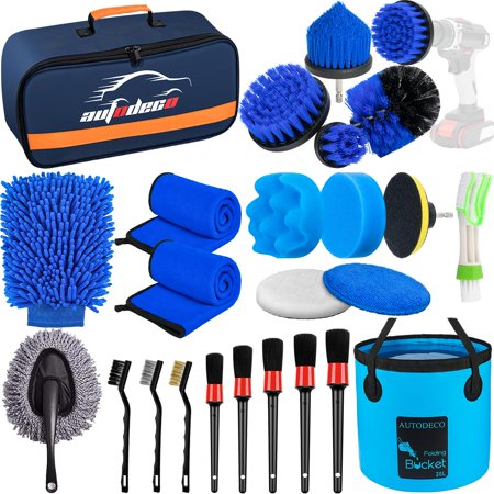 AUTODECO 24Pcs Car Detailing Brush Set, Car Detailing Kit, Auto Detailing Drill Brush Set, Car Detailing Brushes, Car Wash Cleaning Tools Kit for Interior, Exterior, Wheels, Blue C40