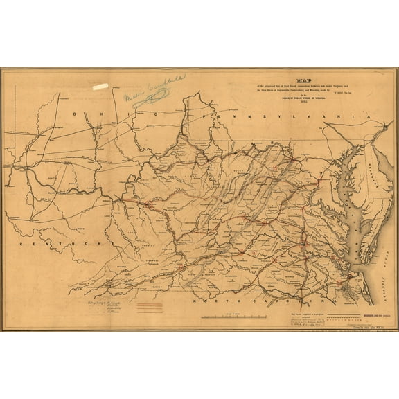 24"x36" Gallery Poster, Map proposed RailRoad Virginia to Ohio River 1852