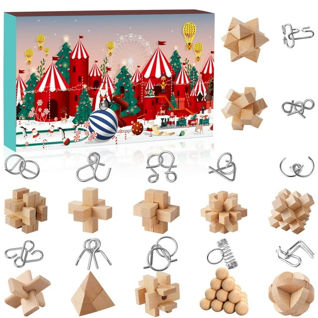 2024 Teaser Advent Calendar for Kids - 24 Days of Christmas Countdown Calendar With 3D Metal and Wooden Puzzle Toys-Mind,IQ,Logic Test and Handheld Disentanglement Games For Boys Girls Teens Adults