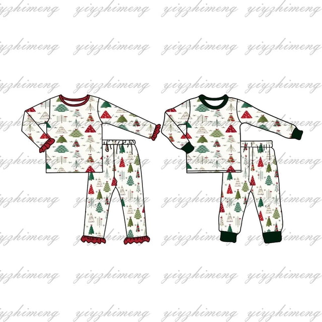 Conjunto de pijama navideño para niños y niñas, pantalones de manga larga con estampado de árbol de Navidad, 2 piezas