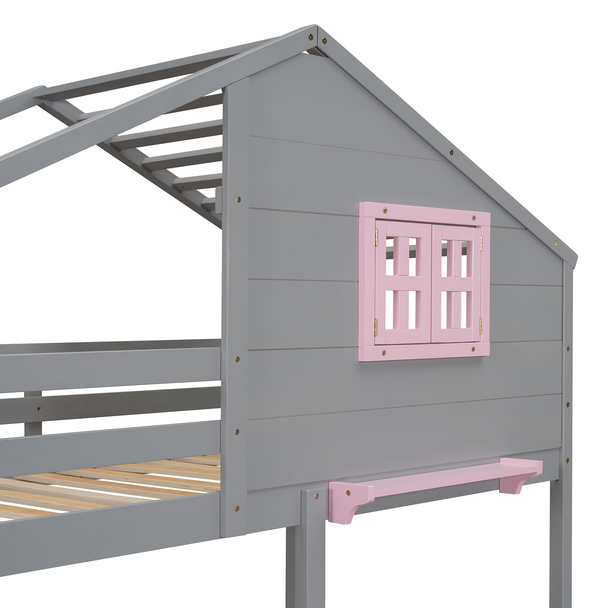 Euroco Wood Twin over Twin Bunk Bed, House Bed with Roof and Window, 2 Drawers and Cabinets for Kids Teens Bedroom, Gray