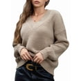 thumbnail image 1 of Suéter de Larga con Cuello en V para Mujer, Suéter Holgado de Punto Grueso de Gran Tamaño. Caqui L, 1 of 10