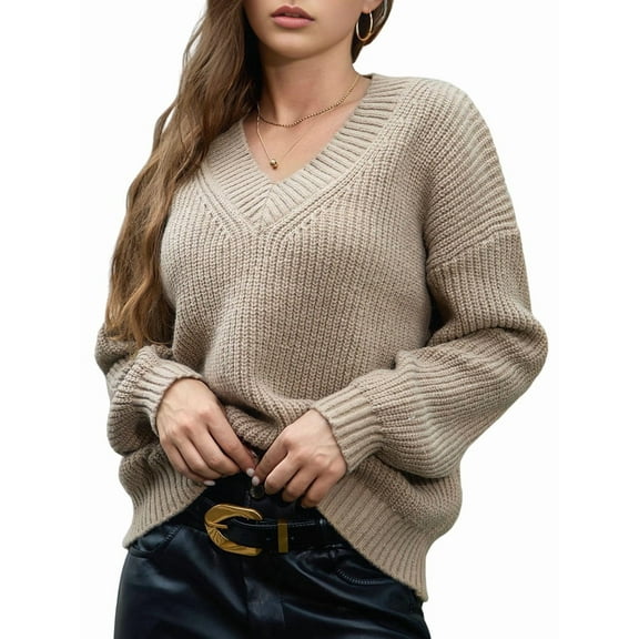 Female Long Sleeve V Neck Pullover Sweater Oversized Chunky Knitted Loose Jumper Sweaters Khaki S