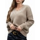 thumbnail image 1 of Suéter de Larga con Cuello en V para Mujer, Suéter Holgado de Punto Grueso de Gran Tamaño. Caqui L, 1 of 10