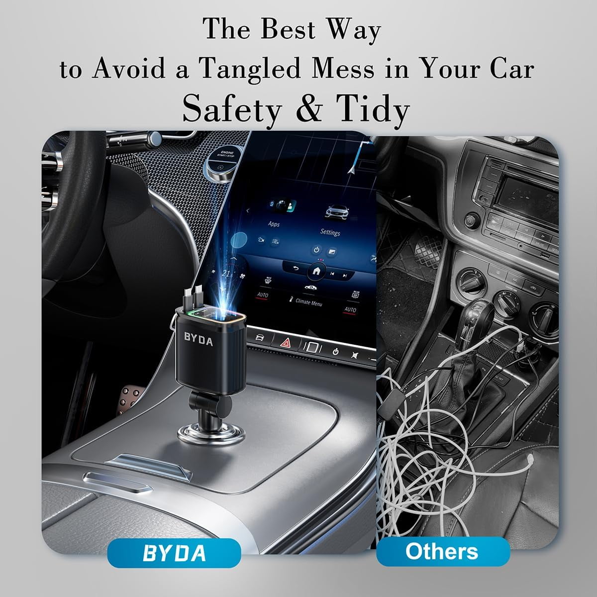 Fast Charger 4 in 1 Retractable Car Charger 69W,USB-C Fast Car Accessories,Compatible with All iPhones All Android Phones (Grey, Lightning+USB-C & No Strarry)