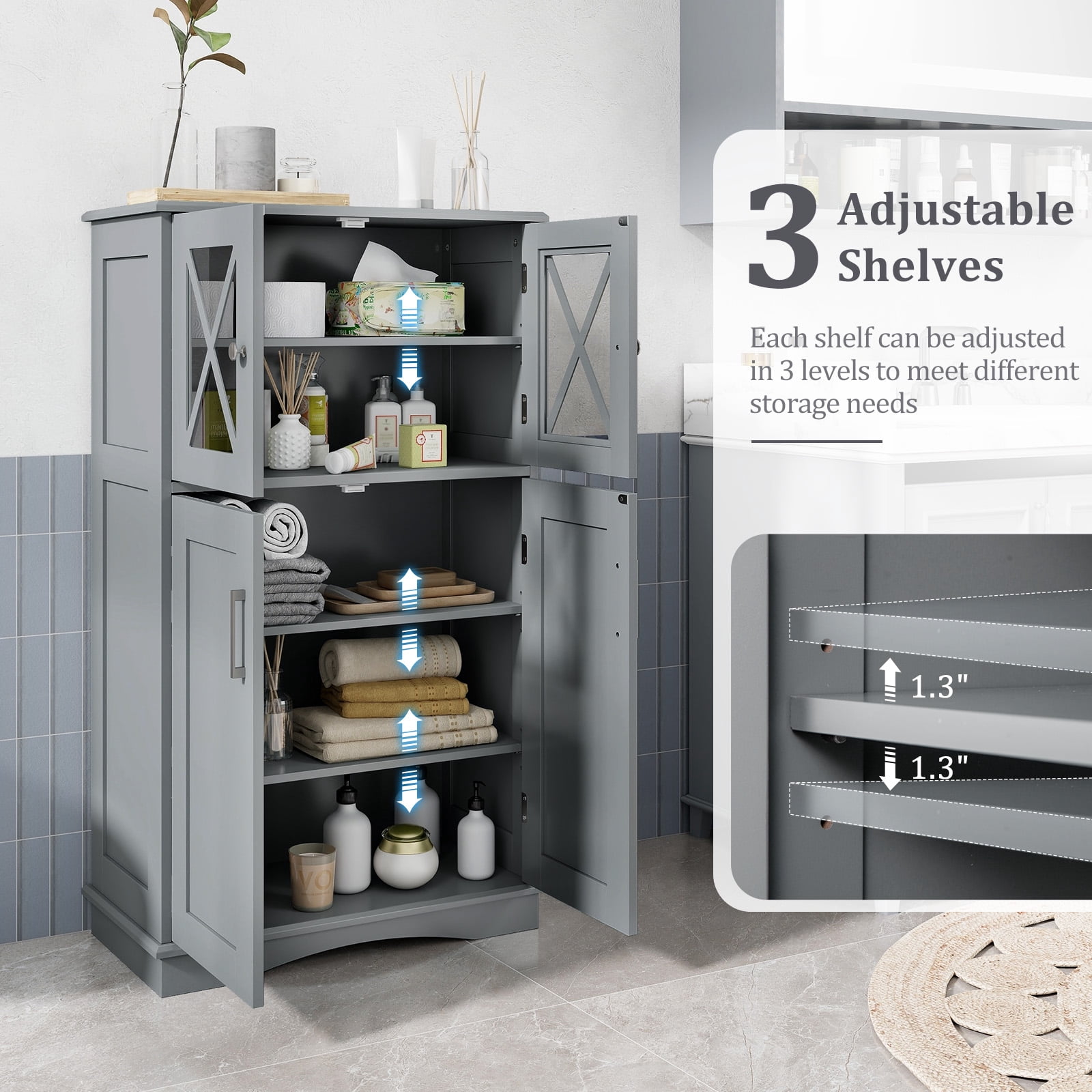 Giantex Bathroom Floor Storage Cabinet, Freestanding Linen Cabinet w/3 Adjustable Shelves, Grey