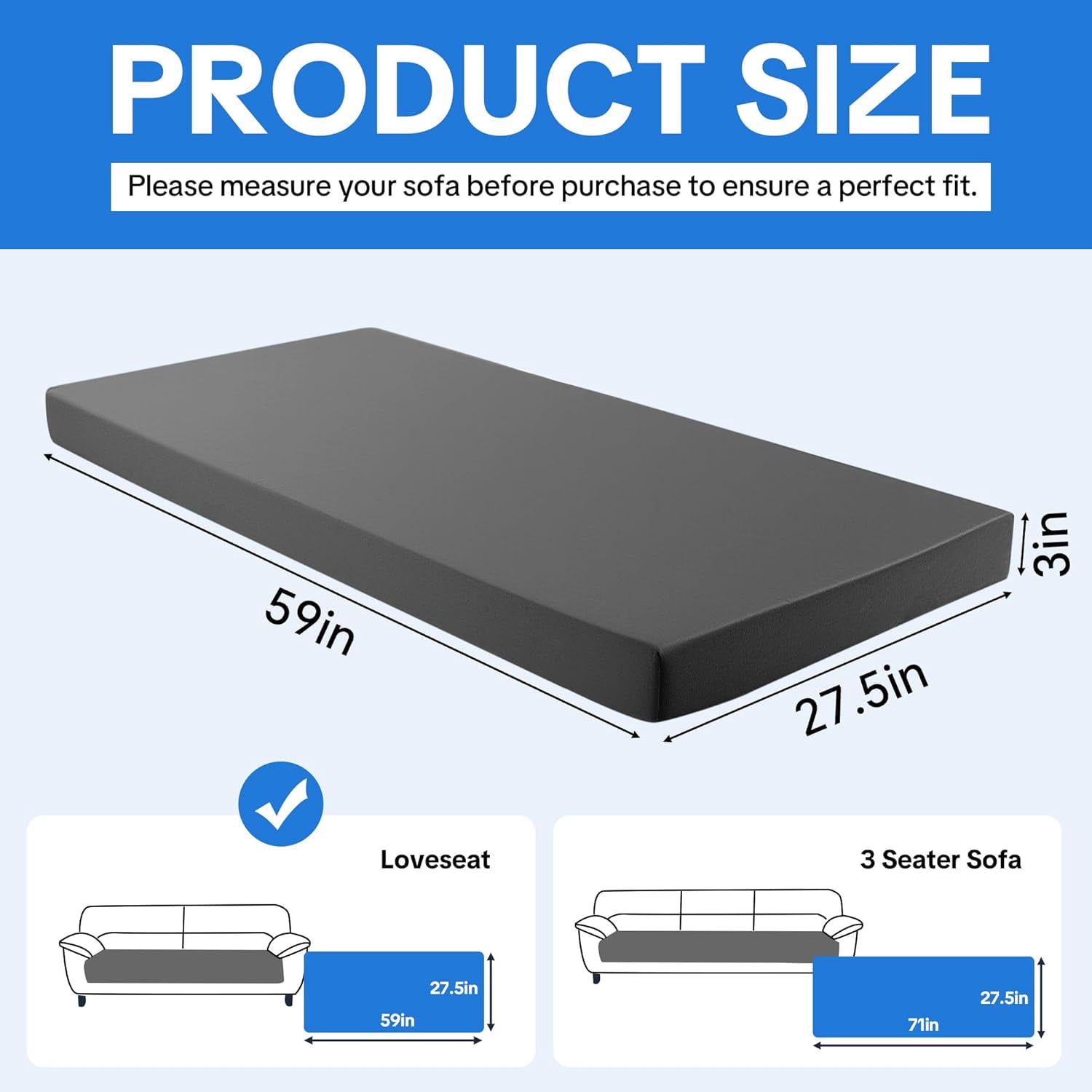 HOMBYS 3 Inch Memory Foam Sofa Topper Pad, Couch Topper Cushion with Washable Cover for Sofa, Couch Cover Pad with Non Slip Bottom (59 Inch)