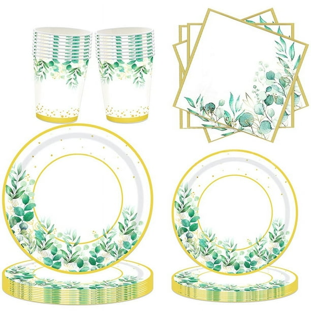 Juego de Platos de Papel Verde para 24 Personas, Juego de Platos y Servilletas de Papel Verde para Suministros de Fiesta de CumpleañOs, Bodas
