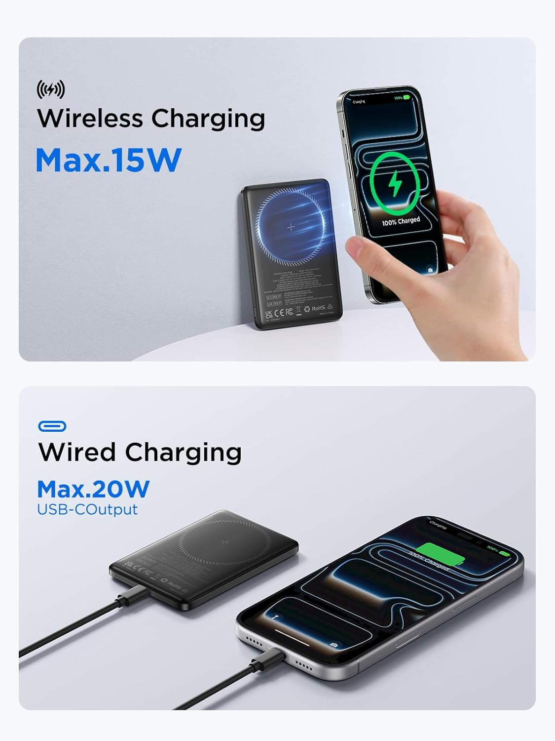 MHAWBL-Magsafe Portable Charger, 5000mAh Magnetic Power Bank 0.35'' Ultra Slim with 20W PD USB C Fast Charging Magsafe Battery Pack Wireless Portable Charger for iPhone 17/16/15/14/13/12 Series