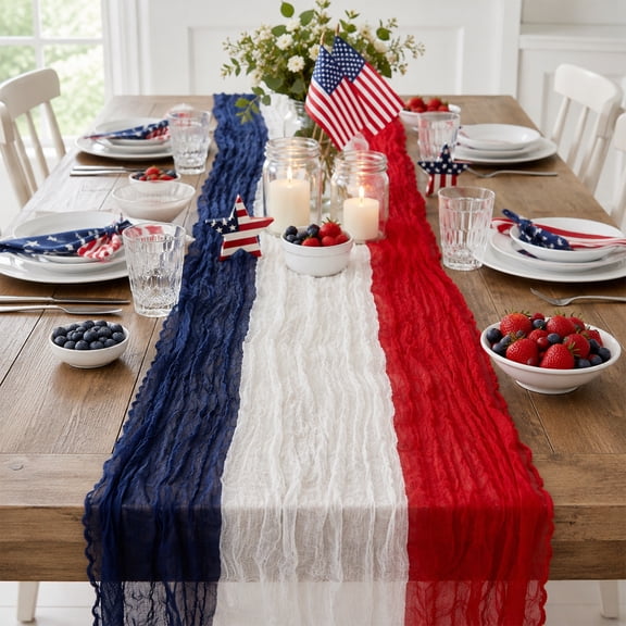4th July Table Runner Red White Blue Cheesecloth Tablecloth Patriotic Tabletop Decoration for Independence Day Memorial Day Party Supplies 2.95 x 5.9ft