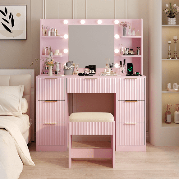 BAYUELSWU Vanity Desk with Mirror and Adjustable LED Lights, Makeup Vanity Table Set with 7 Drawers and Charging Station & Stool for Women, Girls, Bedroom (Pink)