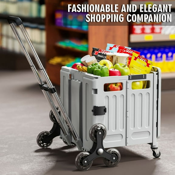Large Folding Multi-Functional Shopping Cart (Gray) - with Ramp Wheels, Heavy-Duty Material, Single Pack, Suitable for Indoor Storage and Home Organization