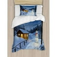 thumbnail image 3 of Christmas Duvet Cover Set Queen Size, Wooden Rustic Log Cottage Scenery in the Winter Season Warm Moonlight Spirit, Decorative 3 Piece Bedding Set with 2 Pillow Shams, Blue White, by Ambesonne, 3 of 3