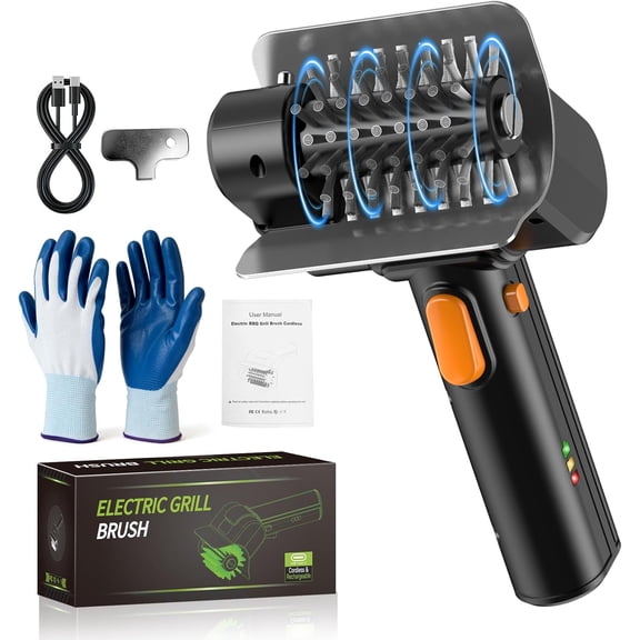 Cordless Electric Grill Brush, Rotary BBQ Grill Cleaner with Replacement Brush, Safety Lock, Waterproof Design & 50-Minute Runtime, for Cast Iron & Steel Grates