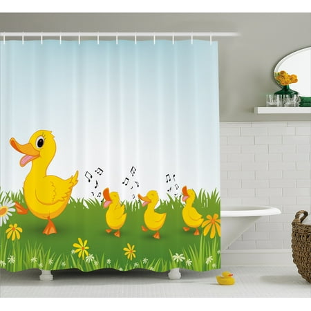 - Cartoon Shower Curtain, Mother Duck and Babies Walking and Singing on the Meadow with Flowers, Fabric Bathroom Set with Hooks, Mustard and Pale Blue, by Ambesonne