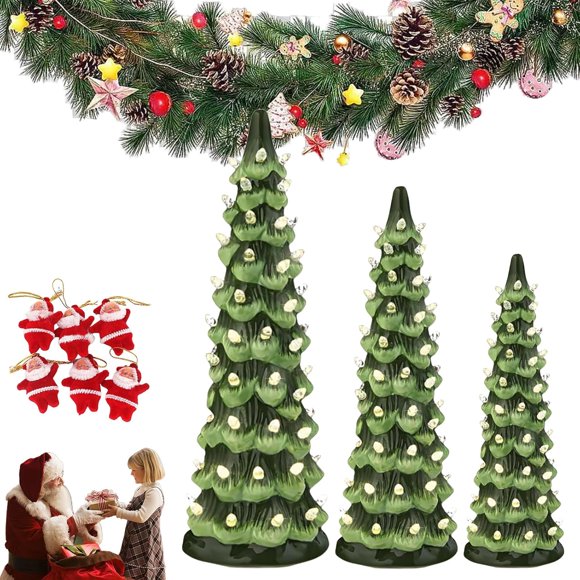 Retro Hand-Painted Tabletop Christmas Trees with Timer, Retro Hand Painted Table Top Christmas Trees, Ceramic Christmas Tree That Light Up for Home, Fireplace, Festive Ornament (Warm Color(1PCS L))