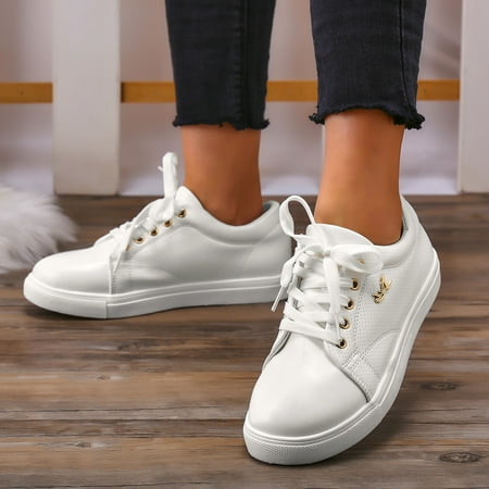 

FZM Women shoes Ladies Fashion Leather Surface Breathable Round Toe Flat Low Top Sports Casual Shoes