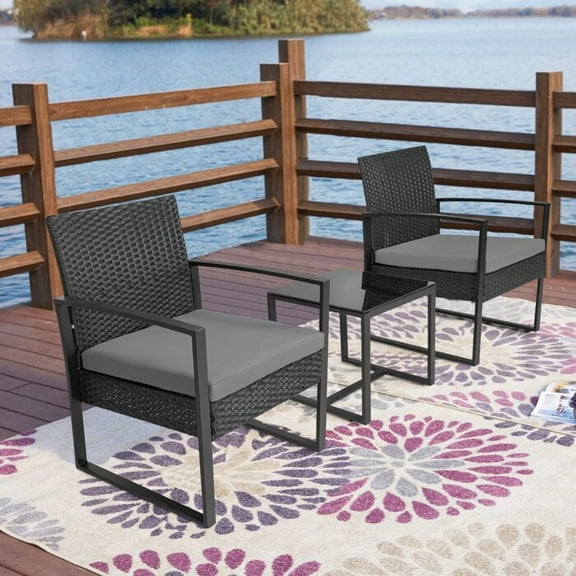Vineego 3 Pieces Bistros Sets Outdoor Wicker PE Rattan Chairs Conversation Sets with Table, Gray