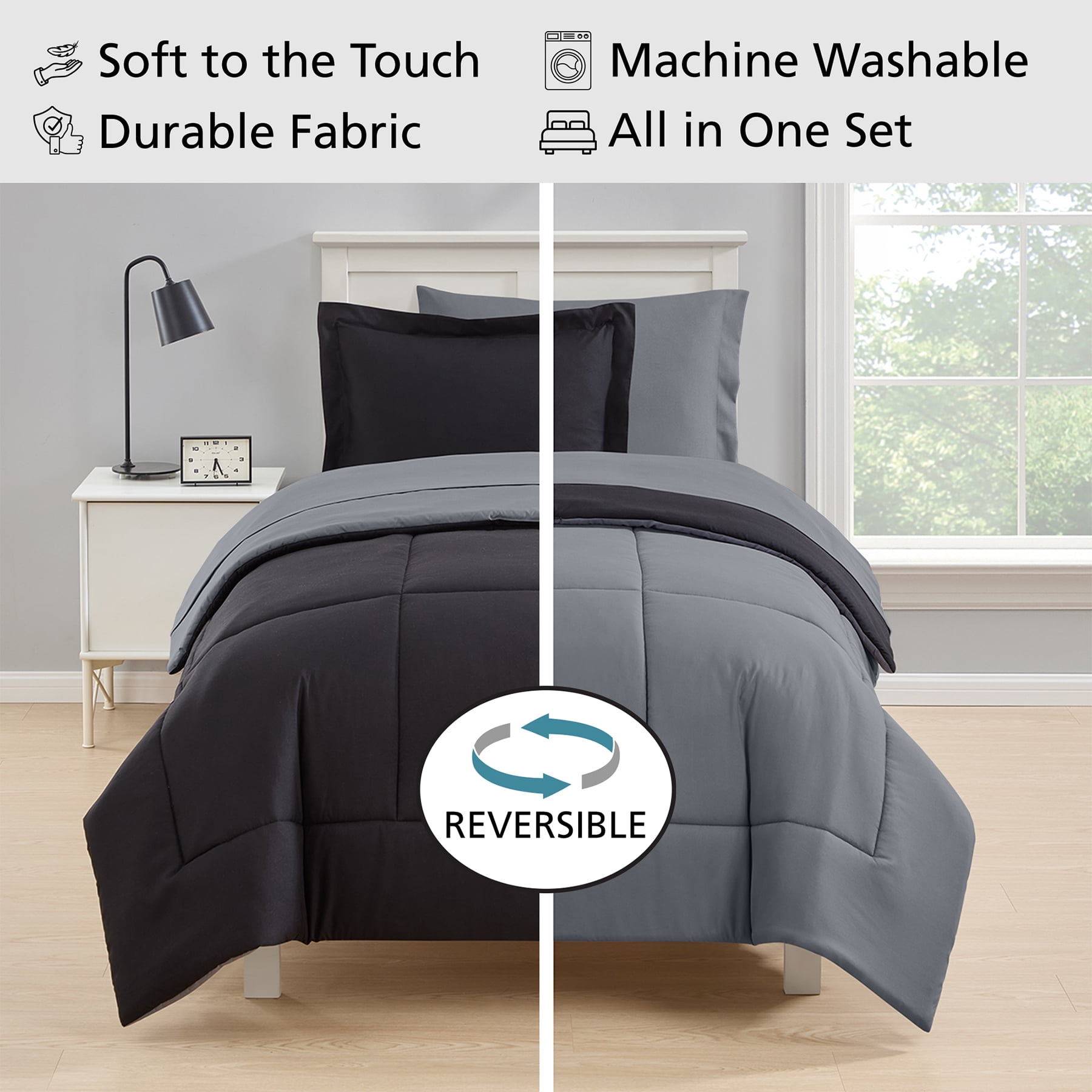 Mainstays 5-Piece All-in-One Reversible Comforter and Sheet Set, Twin/Twin XL, Black