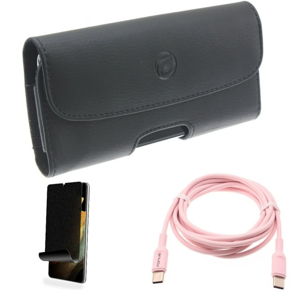 Pink 6ft Long Cable & Case Belt Clip & Privacy Screen Protector for Samsung Galaxy S22 Plus (S22 ) - Combo USB-C to Type-C PD Fast Charger Cord & Leather Holster Cover & TPU Film (Fingerprint)