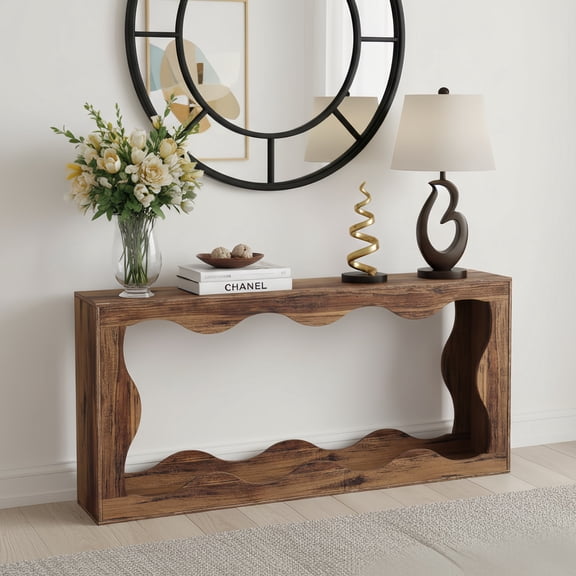 63" Farmhouse Console Table With Storage - Wavy Scalloped Narrow Entryway Sofa Table, Long Hallway Stand For Living Room (Brown)
