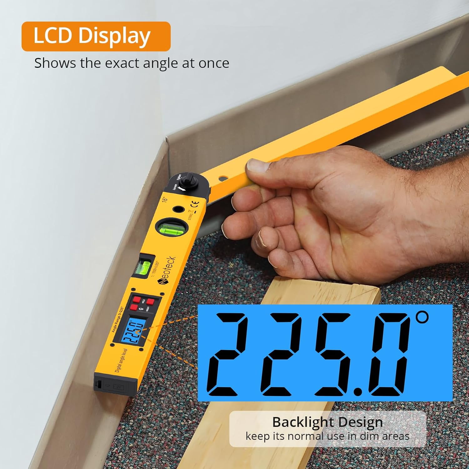 Neoteck 225° 16 inch Digital Angle Finder Aluminum Protractor with LCD Backlight Digital Angle Measuring Tool with Horizontal and Vertical Bubble for Woodworking, Construction, Machinery - Golden