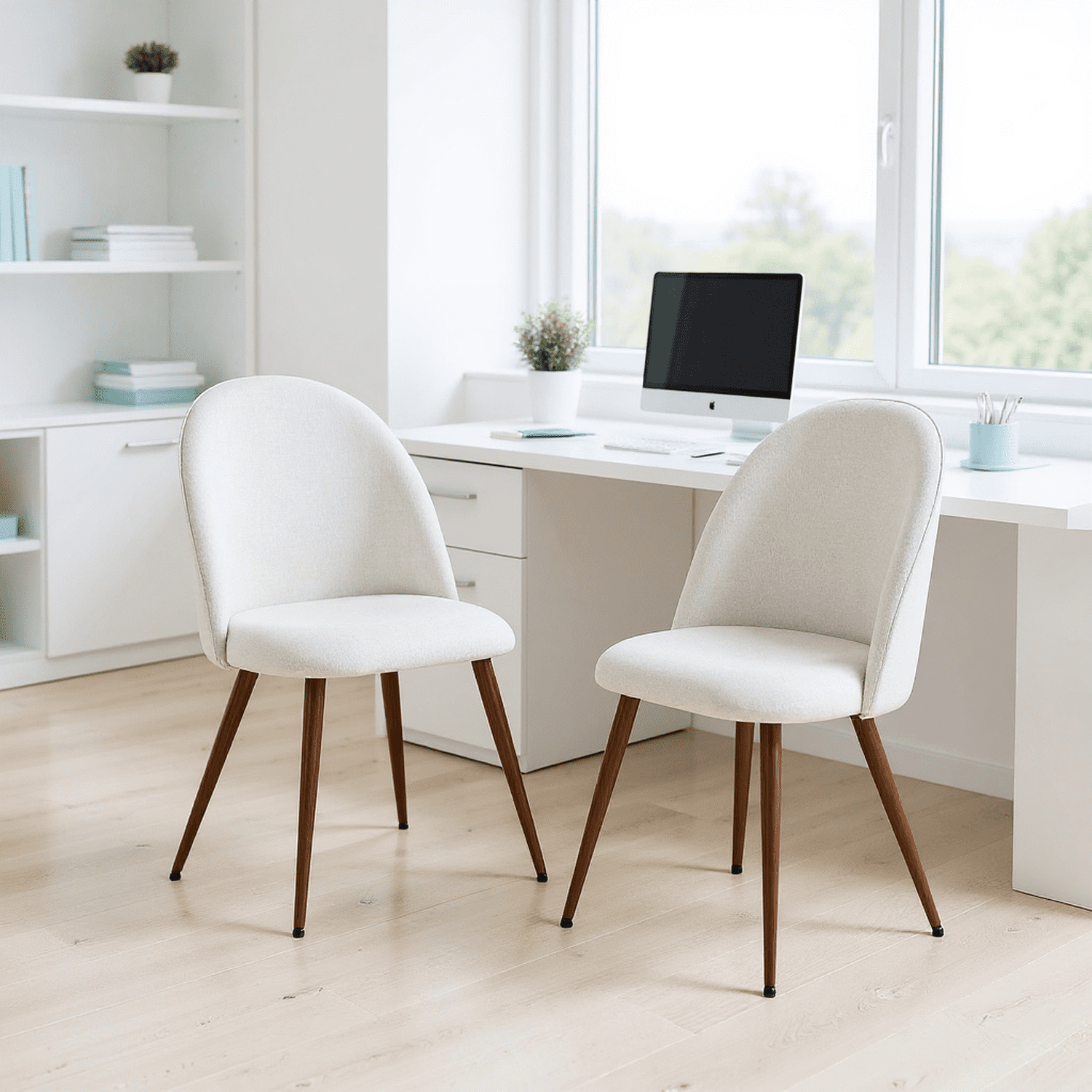 Homy Casa 2 Piece Upholstered Fabric Dining Chairs with Thick Cushion and Walnut Finish Metal Legs